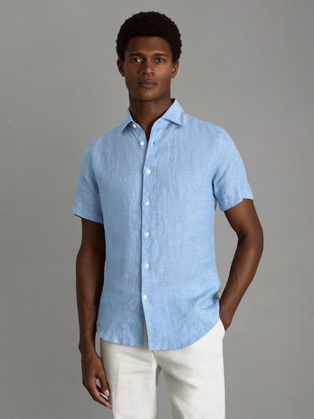 Slim Fit Linen Button-Through Shirt in Sky Blue (Q78777) | £88