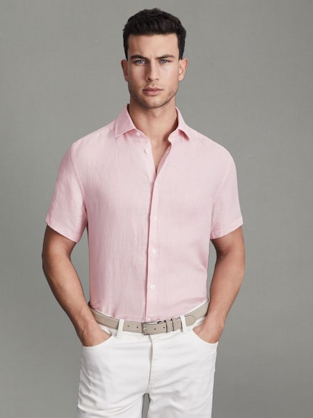 Slim Fit Linen Button-Through Shirt in Flamingo (Q78843) | £88