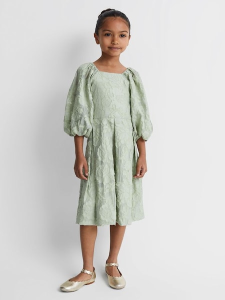 Teen Jacquard Puff Sleeve Dress in Sage (Q79053) | £99