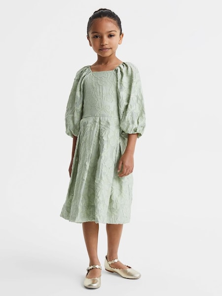 Junior Jacquard Puff Sleeve Dress in Sage (Q79061) | £85