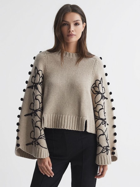 Joslin Wool Cropped Embroidered Jumper in Stone/Black (Q79954) | £540