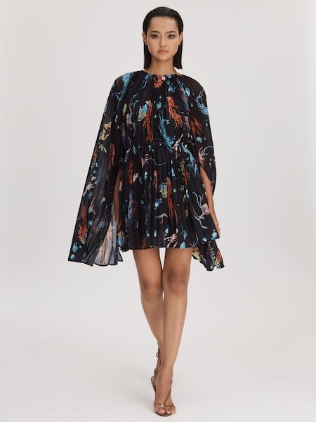 Leo Lin Pleated Bell Sleeve Mini Dress in Twilight Print Black (Q79956) | £695