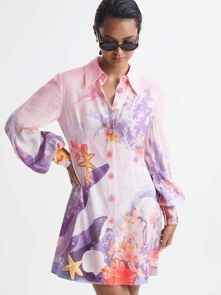 Leo Lin Rayon Linen Blouson Sleeve Mini Dress in Neptune Print Coral (Q79964) | £495