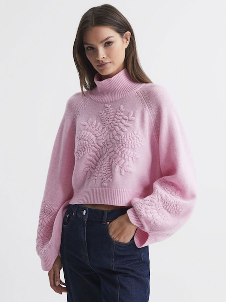 Joslin Embroidered Wool Funnel Neck Jumper in Dahlia Pink Marle (Q79966) | £380