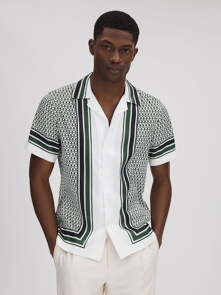 Geometric Print Cuban Collar Shirt in White/Green (Q80246) | £118