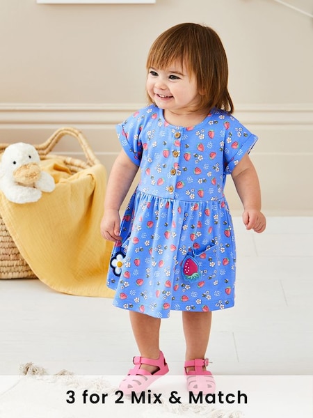 Blue Strawberry & Bee Button Front Pet In Pocket Jersey Dress (Q80718) | £18