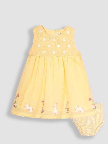 Yellow Bunny Floral Embroidered Smocked Baby Dress (Q80723) | £27