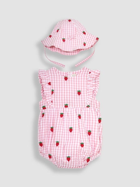 Pink 2-Piece Strawberry Embroidered Bubble Romper & Hat Set (Q80777) | £29.50