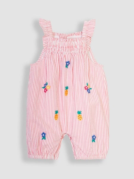 Coral Pink Pineapple Embroidered Seersucker Sunsuit (Q80949) | £23