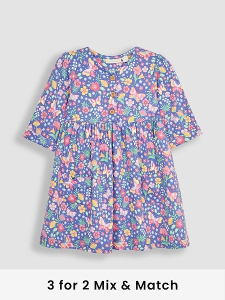 Purple Butterfly Floral Button Front Pet In Pocket Long Sleeve Jersey Dress (Q80961) | £23