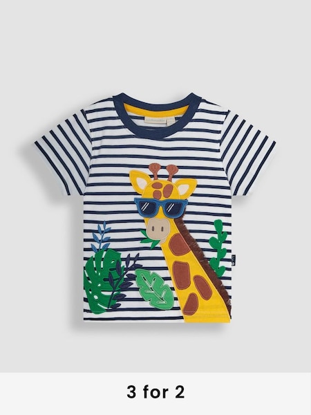 White Navy Stripe Giraffe Interactive Appliqué T-Shirt (Q81773) | £17