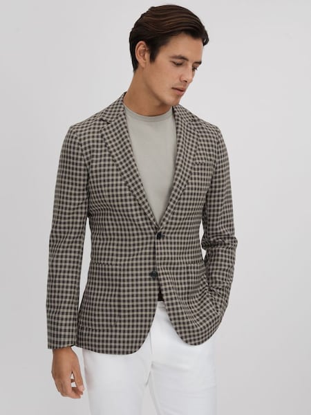 Wool Blend Check Single Breasted Blazer in Brown Multi (Q82021) | £180