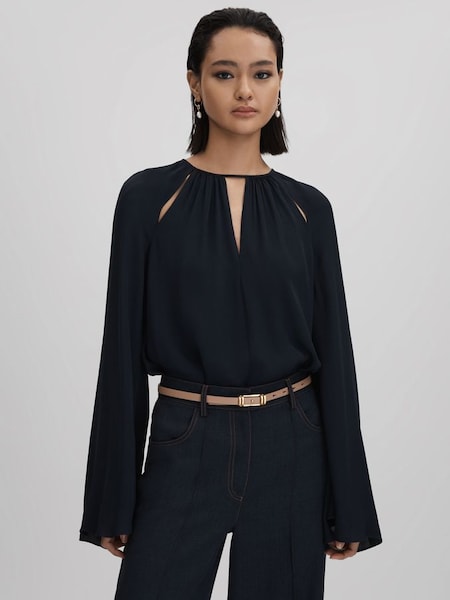 Cut-Out Flute Sleeve Blouse in Navy (Q82022) | £68