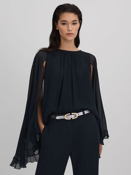 Pleated Cape Style Top in Navy (Q82038) | £108