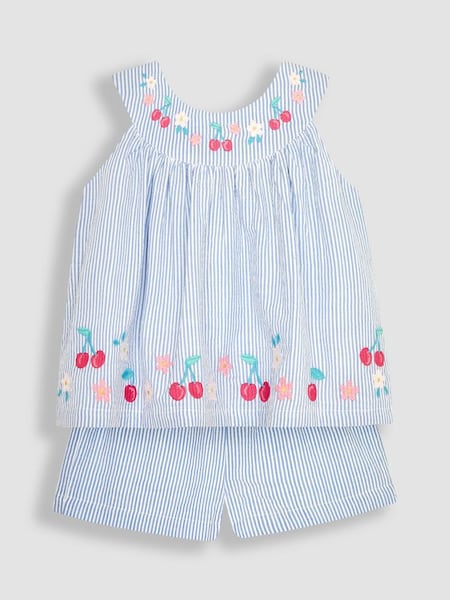 Blue 2-Piece Cherry Embroidered Seersucker Blouse & Shorts Set (Q82915) | £29.50