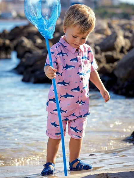 2-Piece Shark Cotton Linen Shirt & Shorts Set in Coral (Q82916) | £28