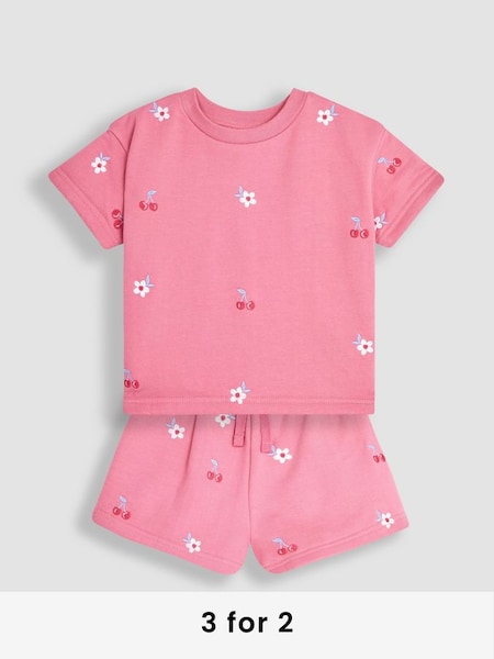 Pink 2-Piece Cherry Embroidered T-Shirt & Shorts Set (Q82934) | £26