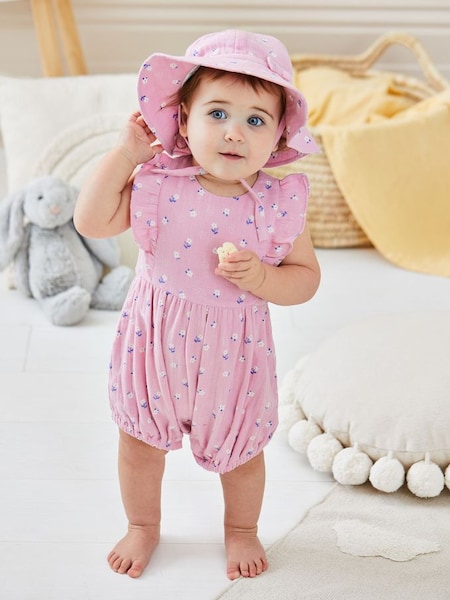 Pink 2-Piece Floral Cheesecloth Bubble Romper & Hat Set (Q82952) | £29.50