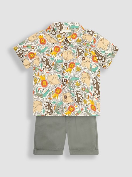 Khaki Green Jungle Animals Printed Shirt & Shorts Set (Q82968) | £29.50