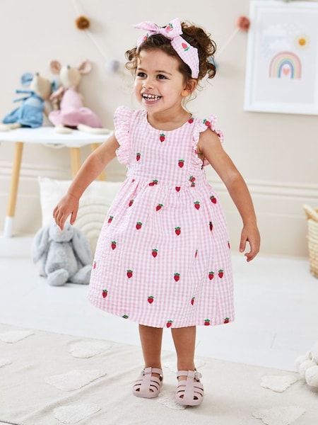 Pink Strawberry Embroidered Gingham Pretty Summer Dress (Q82972) | £25