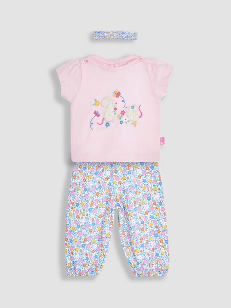 Pink 3-Piece Mouse Crinkle Cotton Top & Trousers Set (Q82990) | £27