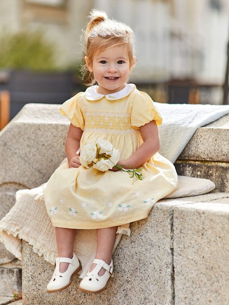 Yellow Daisy Embroidered Peter Pan Smocked Party Dress (Q82991) | £38