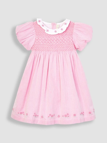 Floral Embroidered Collar Smocked Party Dress in Pink (Q83044) | £38