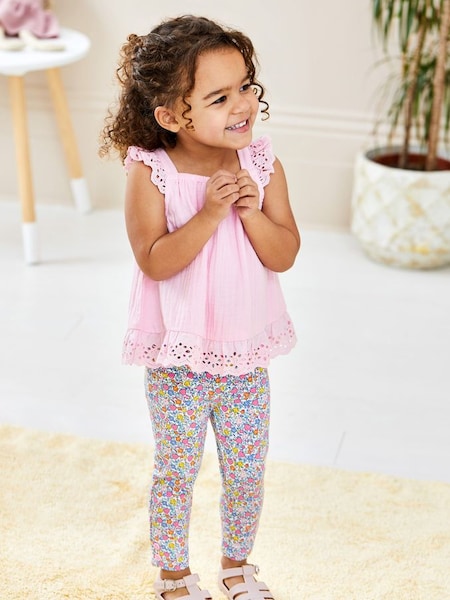 Pink 2-Piece Broderie Cheesecloth Top & Leggings Set (Q83060) | £29