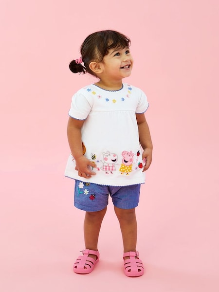 2-Piece Peppa Pig Embroidered Top & Shorts Set in White (Q83125) | £30