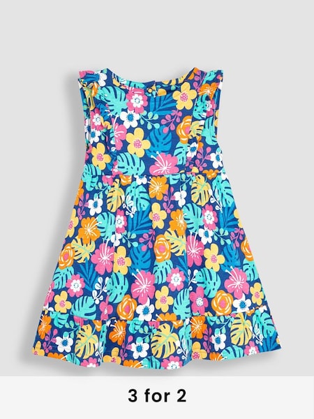 Navy Blue Floral Frill Shoulder Pretty Summer Jersey Dress (Q83135) | £20