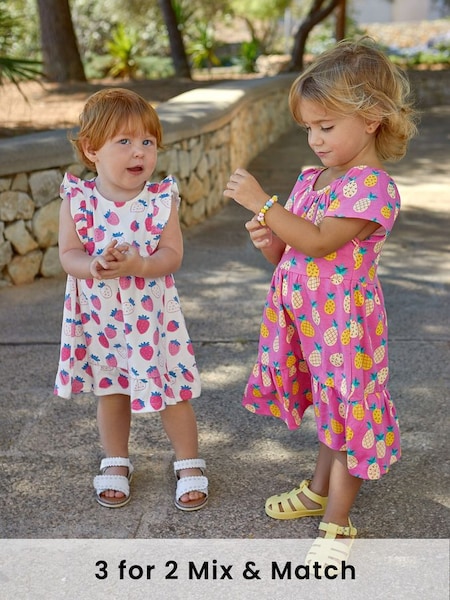 Pink Strawberry Frill Shoulder Pretty Summer Jersey Dress (Q83145) | £20
