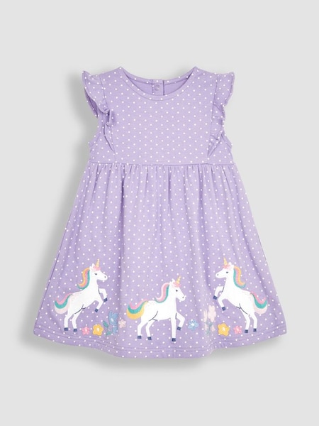 Lilac Purple Unicorn Appliqué Frill Shoulder Pretty Summer Jersey Dress (Q83150) | £21