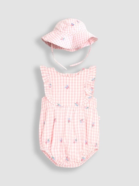 Floral Embroidered Gingham Bubble Romper in Pink (Q83218) | £29.50