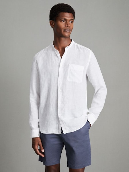 Linen Grandad Collar Shirt in White (Q83301) | £98