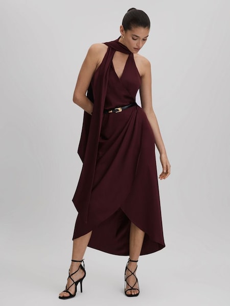 Satin Wrap Front Midi Dress in Burgundy (Q83314) | £148