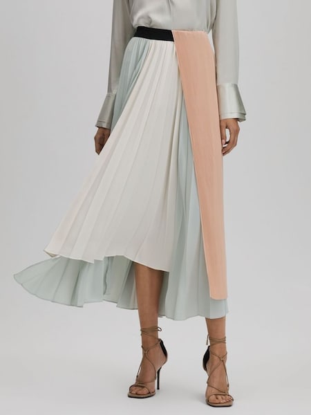 Pleated Asymmetric Midi Skirt in Pink/Cream (Q83335) | £198