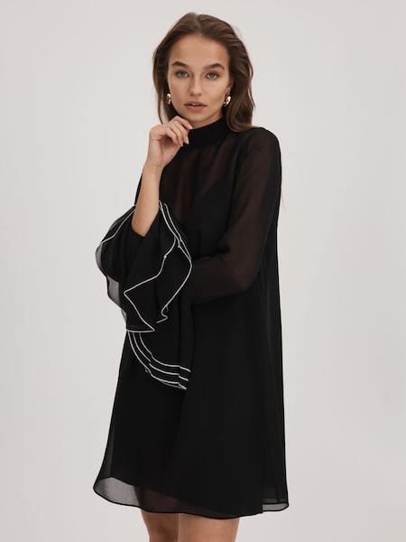 Florere Sheer Fluted Cuff Mini Dress in Black (Q83352) | £128