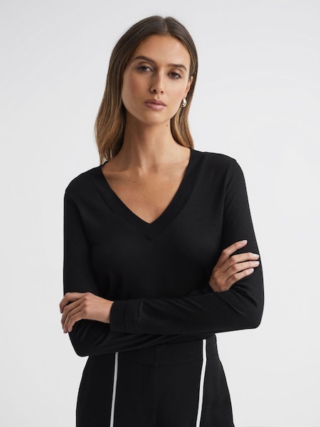 Knitted V-Neck Top in Black (Q83353) | £68