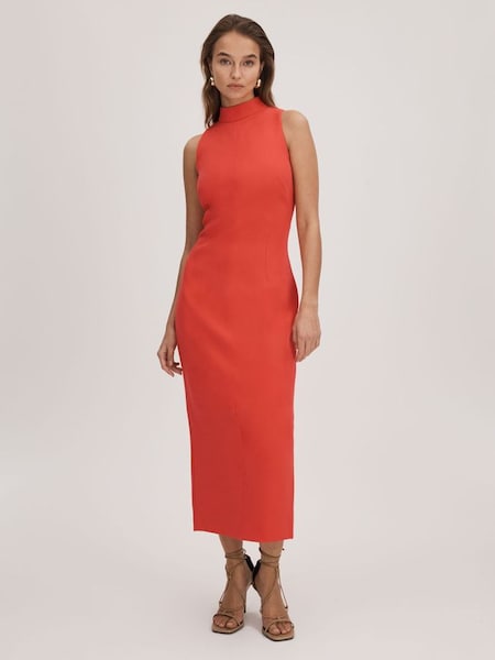 Florere Crepe Fitted Midi Dress in Deep Coral (Q83392) | £178