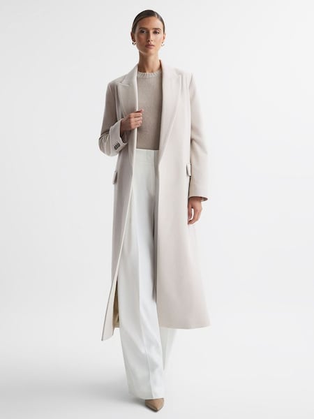 Wool Blend Double Breasted Longline Coat in Neutral (Q83495) | £298