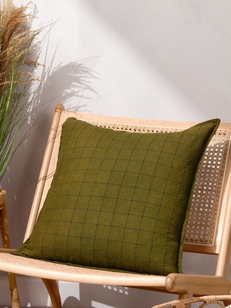 Yard Green Linen Grid Check Feather Filled Cushion (Q83907) | £32