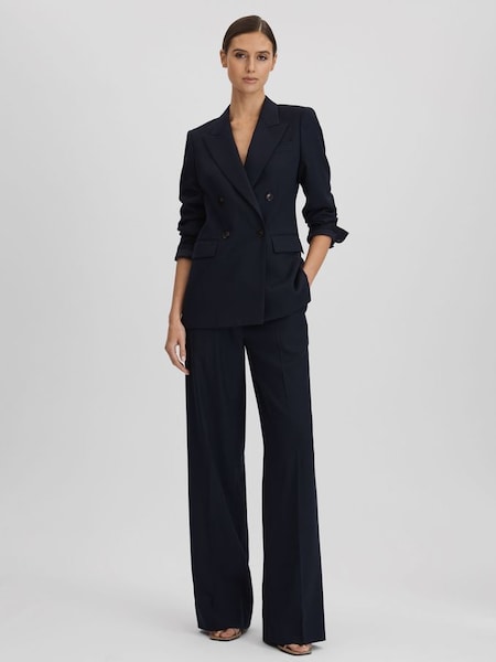 Wool Blend Wide Leg Suit Trousers in Navy (Q85744) | £150