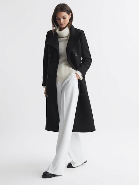 Wool Blend Double Breasted Long Coat in Black (Q85797) | £278