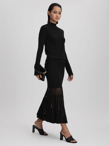 Knitted Sheer Flared Midi Skirt in Black (Q85799) | £118