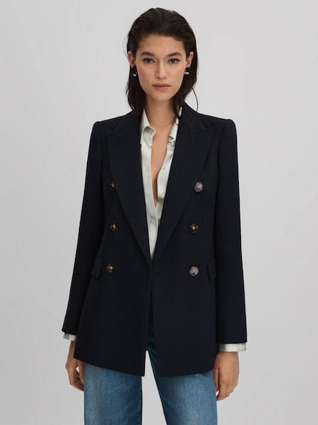 Tailored Textured Wool Blend Double Breasted Blazer in Navy (Q85814) | £298