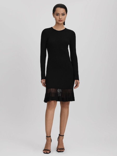 Knitted Sheer Flared Mini Dress in Black (Q85821) | £108