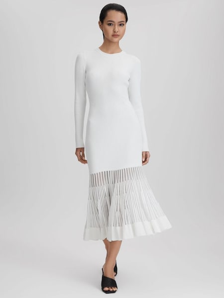 Knitted Sheer Flared Midi Dress in Cream (Q85822) | £158