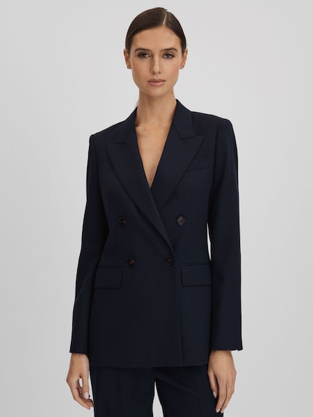 Wool Blend Double Breasted Suit Blazer in Navy (Q85826) | £250