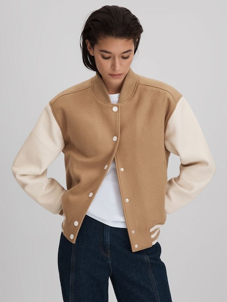 Premium Wool Blend Bomber Jacket in Camel/Cream (Q85844) | £498