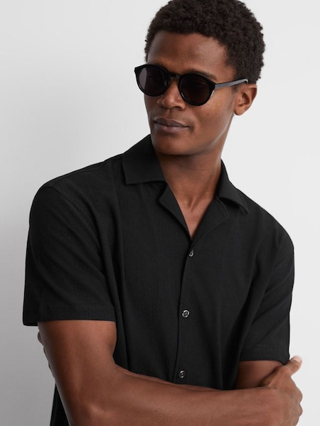 Textured Cuban Collar Shirt in Black (Q87350) | £68